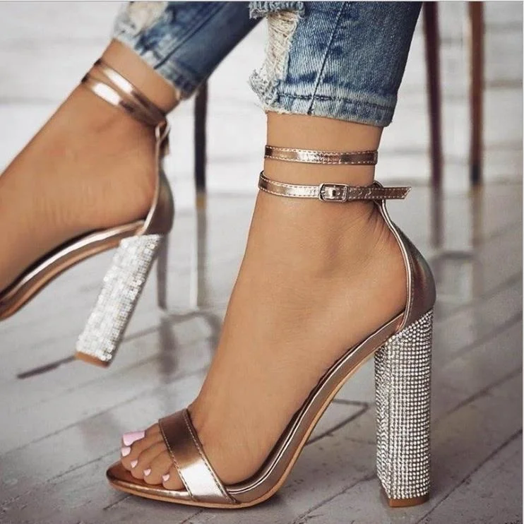

Fish Mouth Sexy Party Sandals Rhinestone Heel Chunky Heel Buckle Strap Gold Band Fashion Women Pumps Large Size Women's Sandals, Black,gold