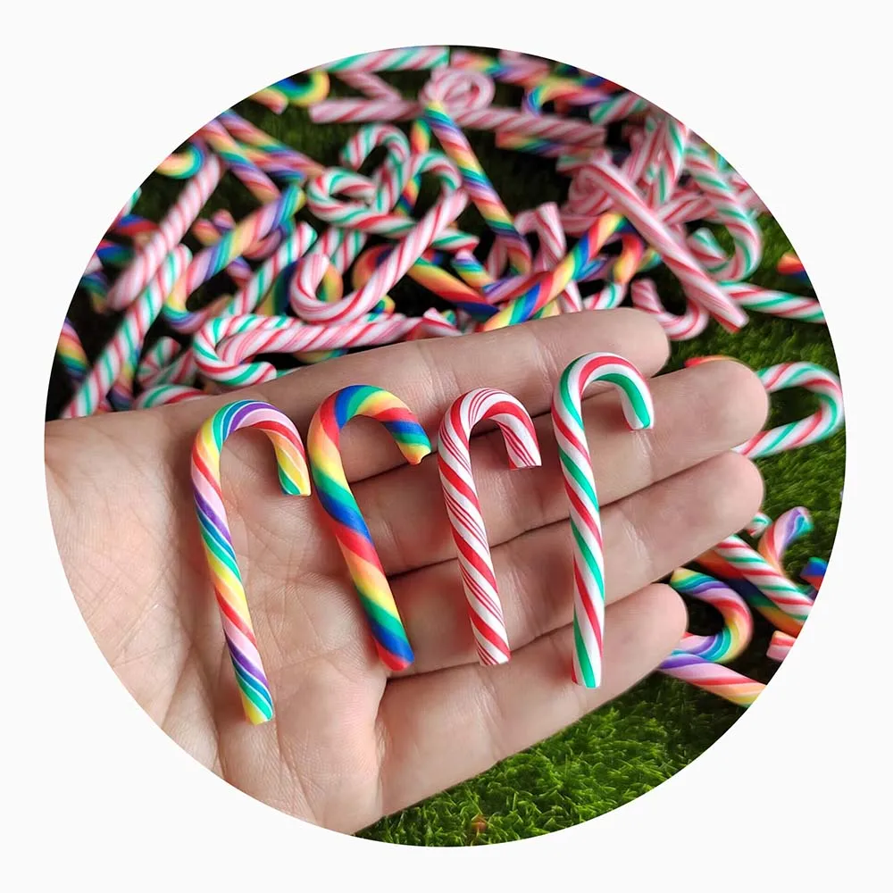 Bulk 100Pcs/Lot 24MM 46MM Rainbow Color Polymer Clay Candy Cane Stick Swirl Artificial Peppermint Charms for Christmas Decor