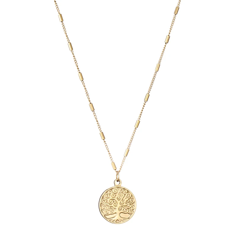 

18K Gold Plated Tree of Life Lucky Tree Necklace Stainless Steel Round Multilayer Necklace, Gold color