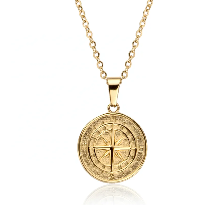 

Gemnel jewelry brass 18K gold plated disc compass pendant necklace for men