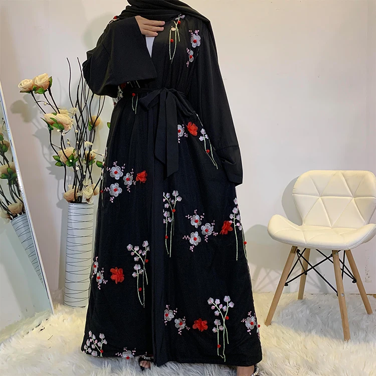 

Latest Ramadan Embroidery 3D Floral Islamic Clothing With Hijab Muslim Women Kaftan Dubai Black Open Abaya