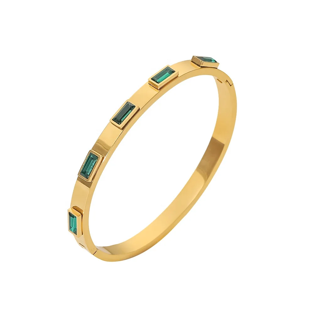 

18k Gold Plated Green Cubic Zirconia Bezel Setting Dainty Stainless Steel Bangles For Women As Gift