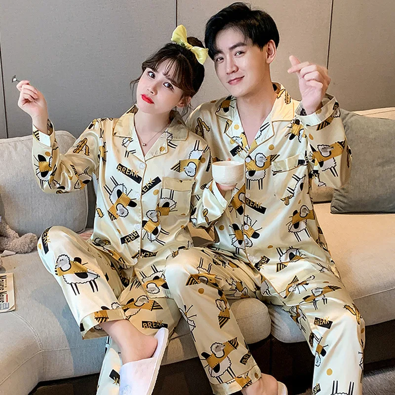 

New Luxury Pajama set Satin Silk Pajamas Sets Couple Sleepwear Family Pijama Lover Night Suit Men & Women Casual Home Clothing, Picture shows