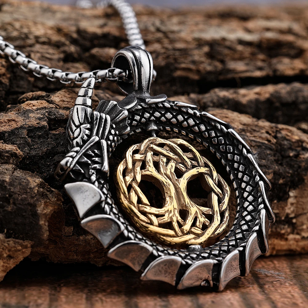 

vintage rotating anxiety fidget gold plated tree of life zodiac animal Jormungand Norse Serpent viiking necklace pendant set