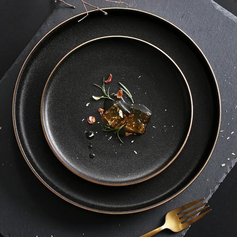 

Nordic style Hot sale 10in Black round Ceramic Plate With Gold rim Household Tableware Breakfast Dish Western Food Steak Plate