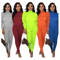 

P1127 fashion casual solid tight bodysuit pencil trousers sports suit pleuche slim jumpsuit women two piece set