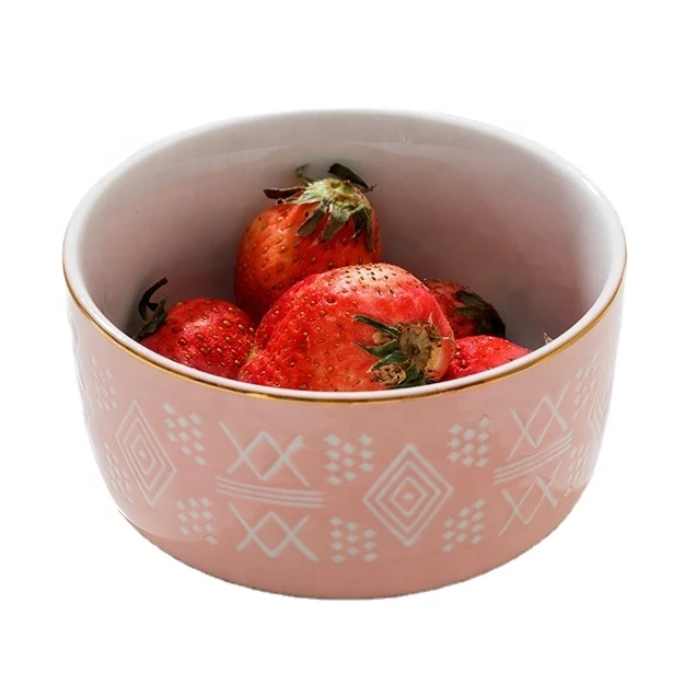 

Nordic Morden Unique Gold rim design 5.5" Multi-purposed Ceramic Salad bowl with Pink and Grey Color Glazes on the outside, Grey and pink