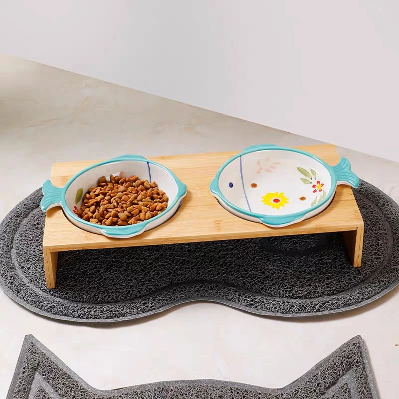 
custom madeCat bowl bamboo rack hand color ceramic double bowl Pet bowl protect cervical china manufacturer 
