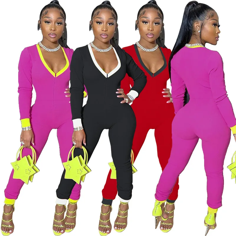 

2021 Spring Sexy Sportwear Jumpsuit V Neck Bodycon One Piece Female Push Up Sexy Jupmsuit Women's Bodysuits