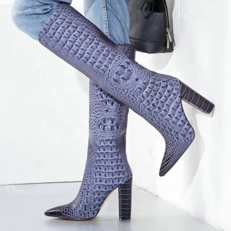

Customized Color Available Big Size High Quality Crocodile Print Stiletto Shoes Knee High Boots for Women Winter Fashion, Customized available