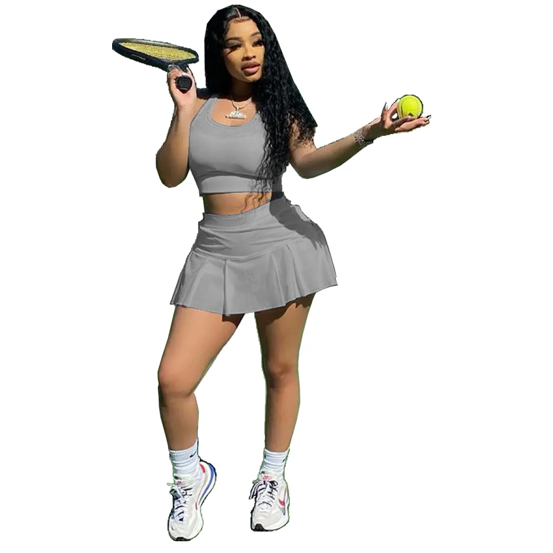 

fashion factory price ladies crop top summer outfits women two Piece tennis sport suit short mini skirt set