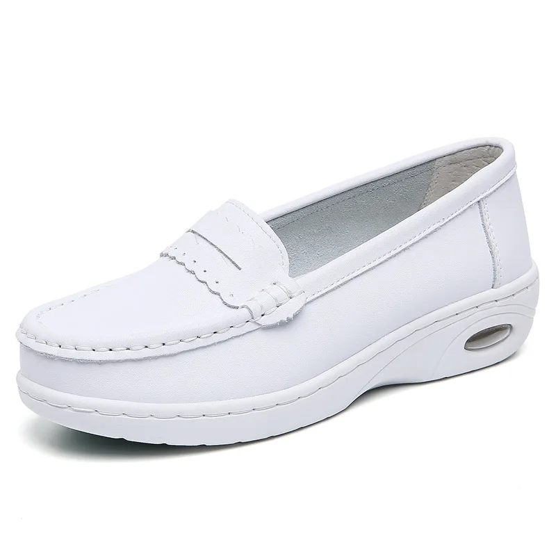 

Women White Cowhide EVA Air Cushion Comfortable Decorative Border Doctor and Nurse Medical Shoes