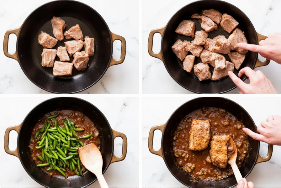 Pork browning step with green chilies