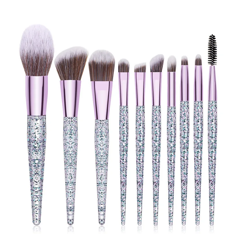 

2021 makeup brush set 10 pieces with bag professional makeup brushes private label crystal bling makeup brushes set, Green/purple/pink