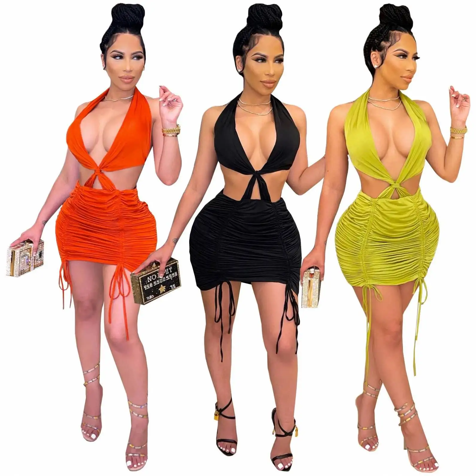 

2021 New Arrivals Ladies Jersey Bandage Hollow Out Dresses Plus Size Dresses Fashion Stacked Ruched Dresses For Women