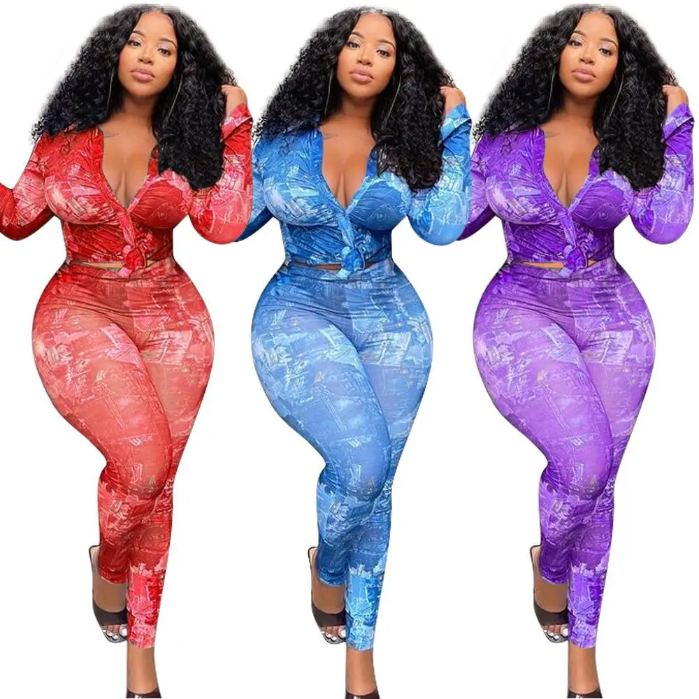 

2021 New arrivel autumn/winter plus-size casual suit women's fashionable print lotus sleeve shirt suit fall two pcs pants set, 3 different color