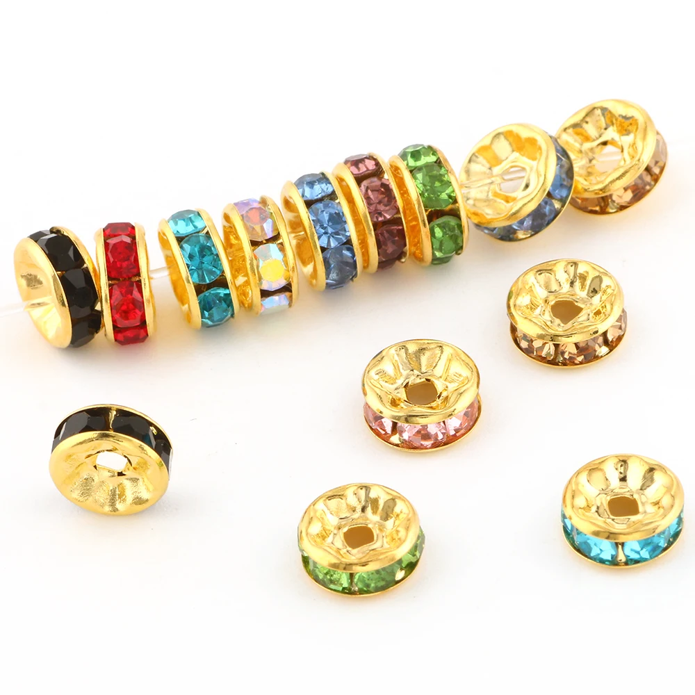 

50pcs Gold Plated Alloy Crystal Rondelle Beads Rhinestone Spacer Loose Beads for DIY Bracelet Necklace, Black,blue,purple,green,red,champagne,mixed color