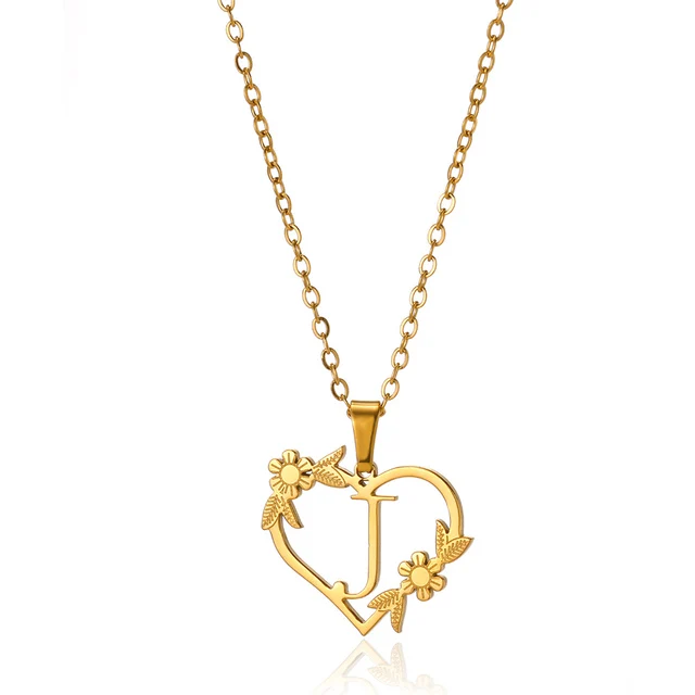 

Initial A-Z Letter Heart Necklaces For Women Gold Color Stainless Steel Flower Pendant Necklaces Fashion Wedding Jewelry Gifts