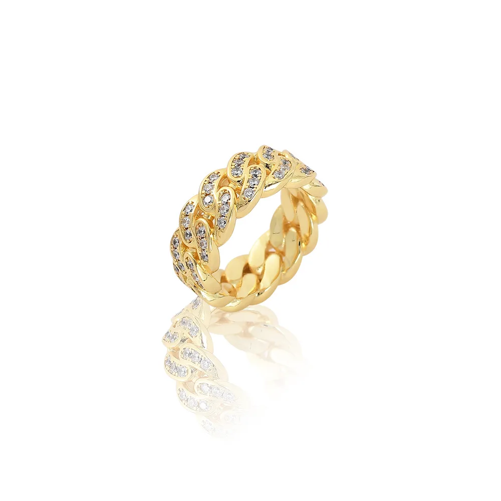 

8mm 18k gold plated ring ice out hip hop copper zircon cuban link ring