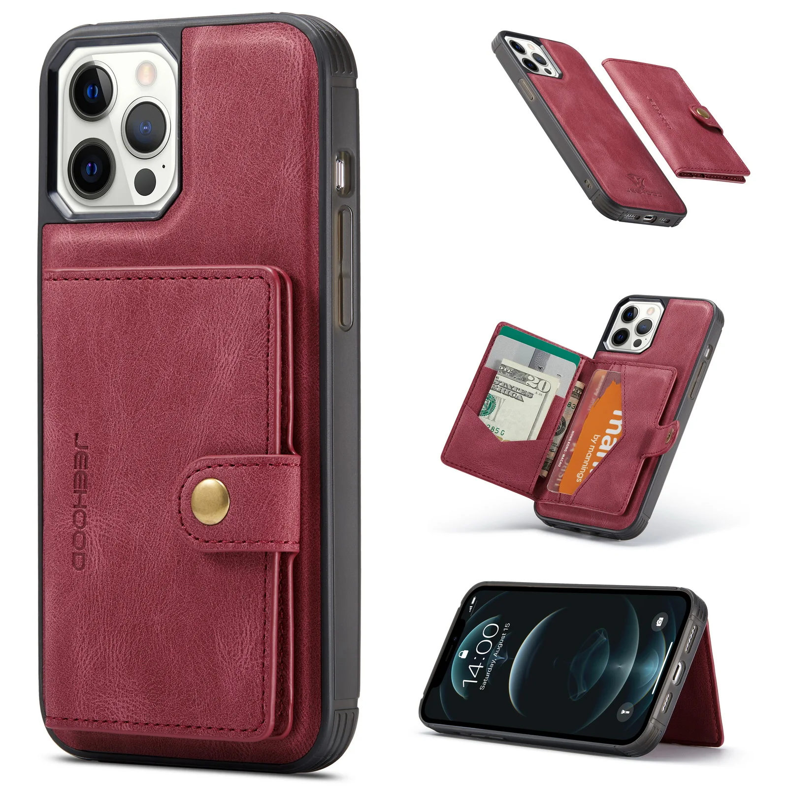 

Removable Magnetic Card Slot Holder Flip Wallet Premium Cell Phone Leather Case For Iphone 12 11 Pro Max X Xr XS Max