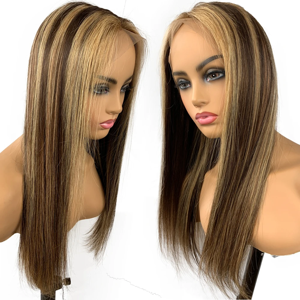 

4/27 Ombre Highlight Wig Brown Honey Blonde Colored Straight T Part Virgin Human Hair Lace Front Wigs