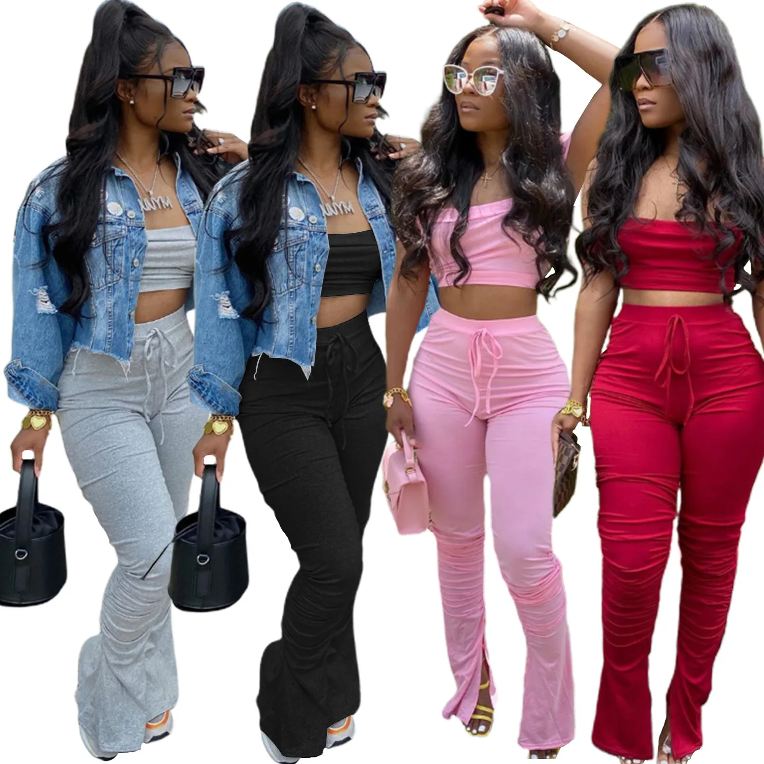 

2020 fashion women outfit sexy one-shoulder top and stacked pants two piece set