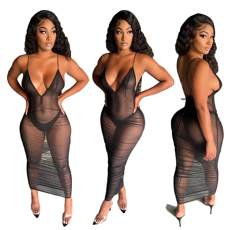 

Thin Spaghetti Straps See Through Mesh Dress Ankle Length V-Neck Backless Sexy Club Dresses