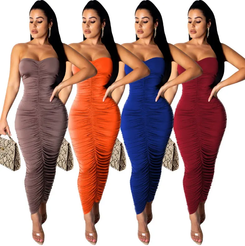 

Amazon NO MOQ Women Sexy Pure Color Pleated Dress Girls Chest Wrapped Tight Fitting Fashion Skirt, As picture