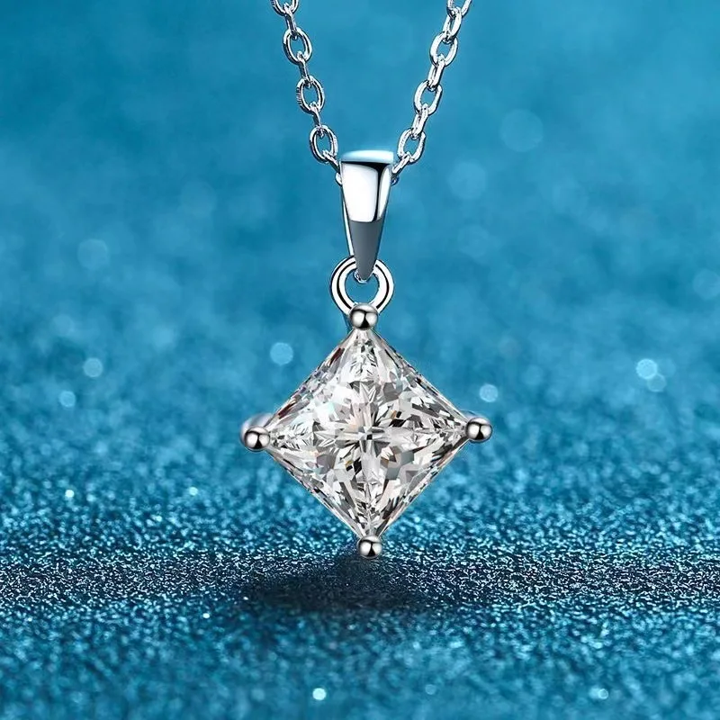 Princess Cut Moissanite Pendant Necklace R.GEM. 925 Silver Rhodium Plated 4-Prong 6.5mm 1ct Square Free Certificate