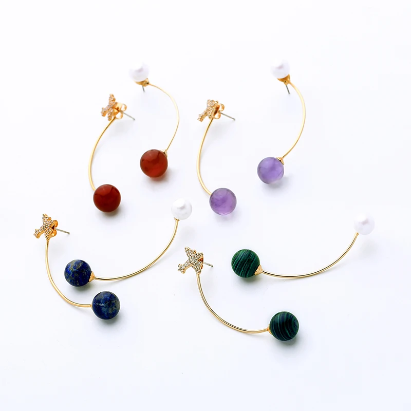 

me00128 Glitter Airplane Natural Stone Pearl Pellet Asymmetric Geometric Fashion Korean 2019 Trend Earrings For Women, Gold