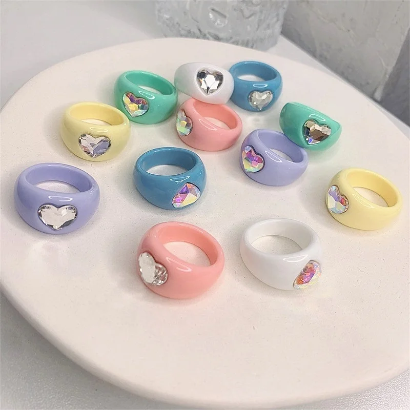 

Vintage Jewelry Big Rhinestone Peach Heart Chunky Resin Korean Simple Female Girls Rainbow Crystal Finger Ring