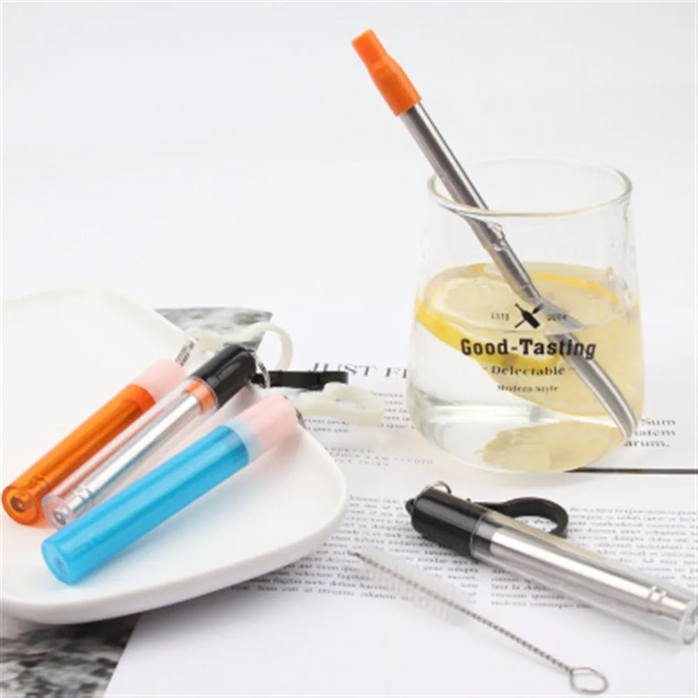 

304 Stainless Steel Telescopic Drinking Case Set Metal Straw, Blue,black,red,orange