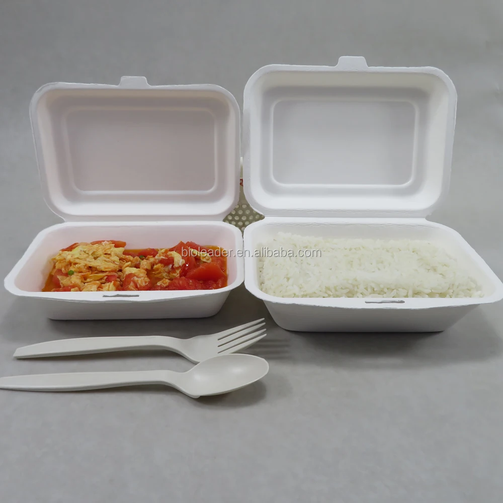 

Biodegradable Sugarcane Bagasse Box Clamshell 8" x 6" 2-C Hinged Container, White,unbleached