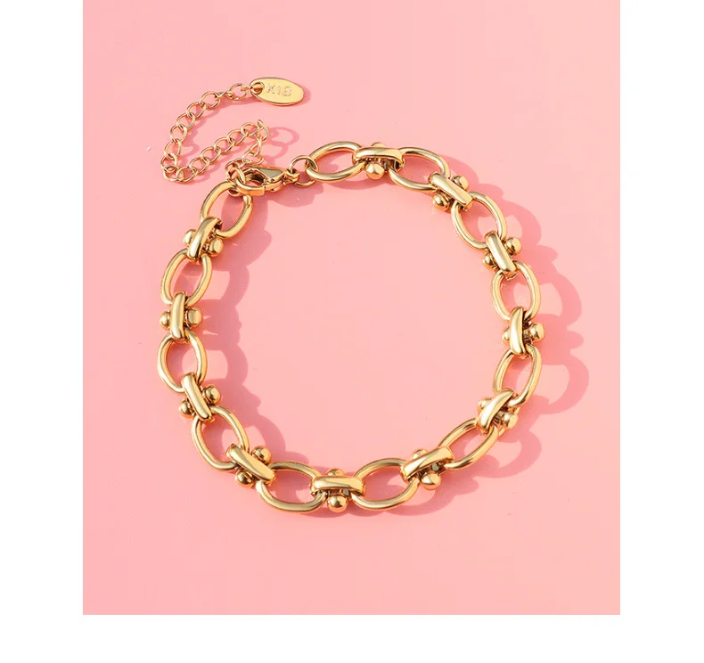 

Hot Selling Fashion Anti Tarnish 18K Gold Plated Chunky Chain Bracelet Simple Splicing Stainless Steel Bracelet For Couples
