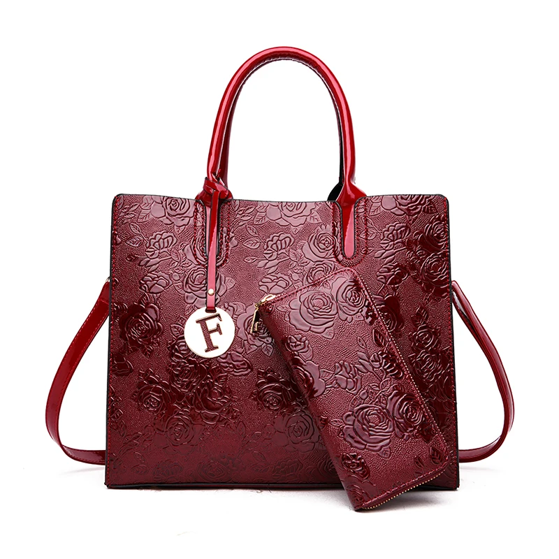 

Wholesale new women 2 pcs set bag flower print pu leather designer handbag set, Black,red,blue,purple