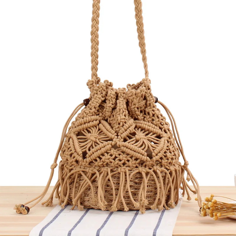 

Tassel bucket woven bag handmade stitching hollow straw woven holiday beach bag
