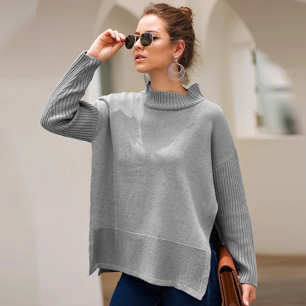 

wholesale factory side split design women high neck knitted pullover sweater fashion solid color top for ladies