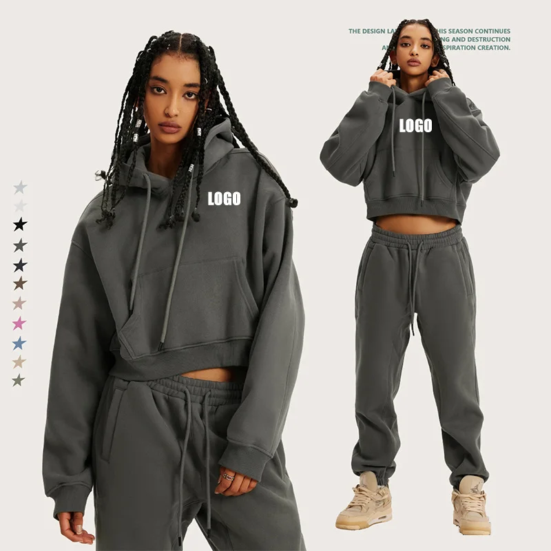 

2022 Autumn And Winter 350G Cotton Unisex Heavy Fleece Solid Hoodies And Sweatpants Women Workout Crop Top Joggers Sets