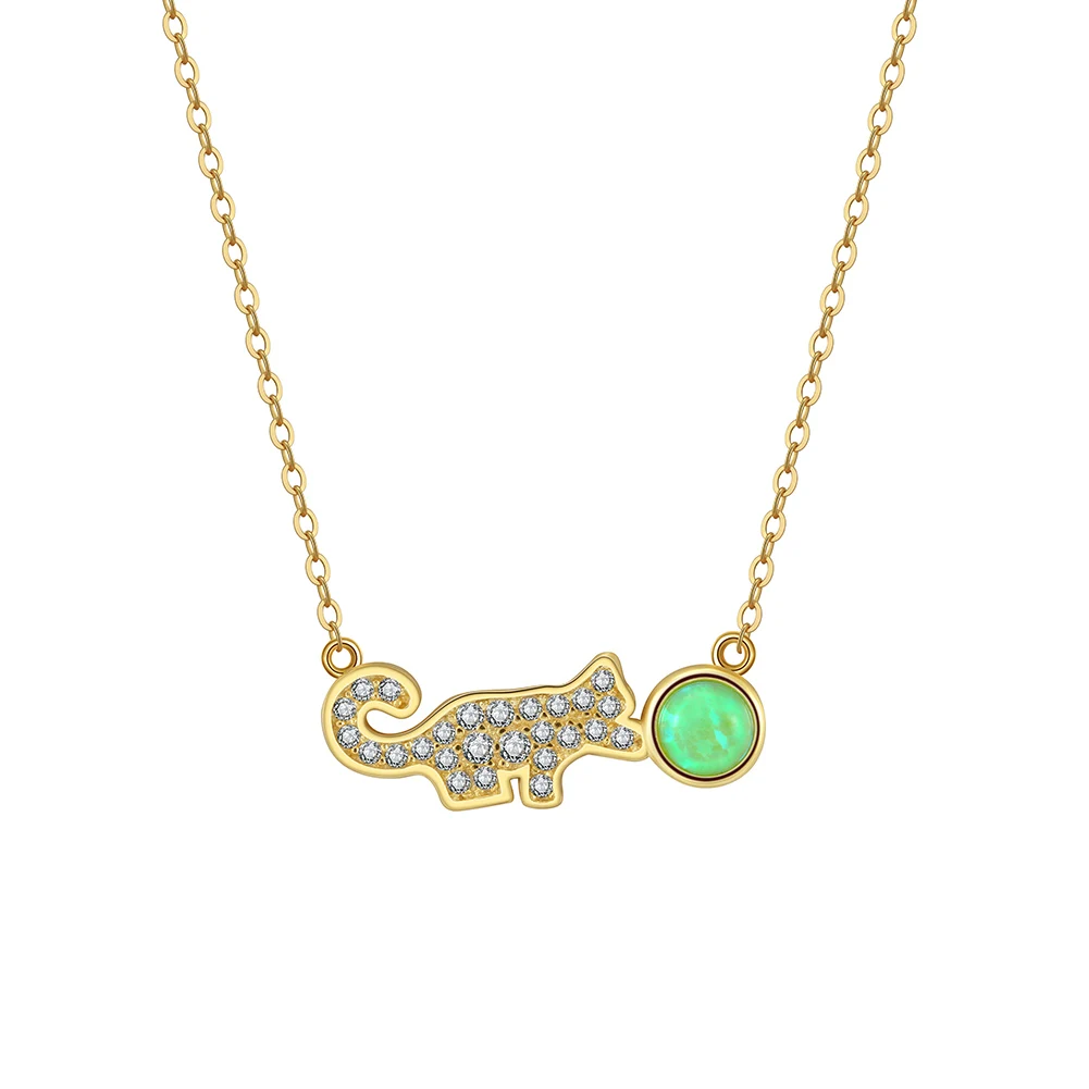 RINNTIN SN351 Cute Cat Play Ball Necklace Fine Jewelry 925 Sterling Silver Chain Fire Opal Pendant Necklaces  for Women