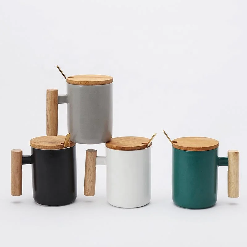 

Home and Office Coffee Cups Ceramic Cup with Wooden Handle and Delicate Spoon Simple Nordic Creative Pure Color Mug Good Gift, Multi colors