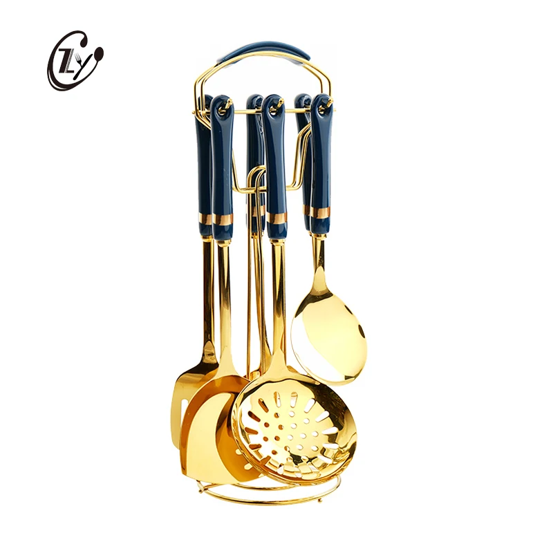 

Luxury Ceramic Handle 6PCS Stainless Steel Kitchen Cooking Utensils Set With Holder, Black/white/green/blue/pink handle with gold
