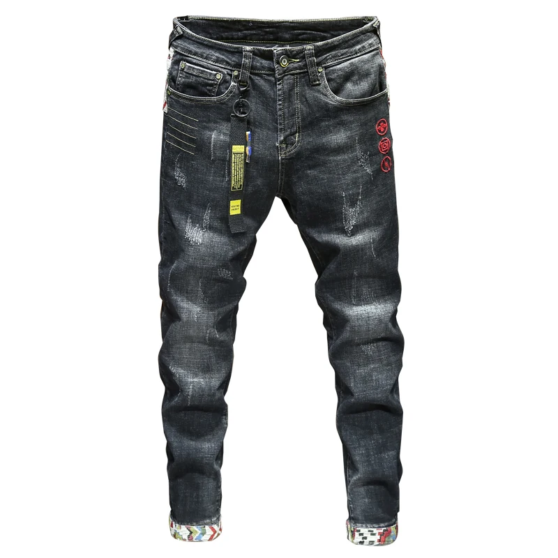 

2020 Fashion Men Jeans Slim Fit Embroidery Ripped Jeans Men Patchwork Spliced Designer Hip Hop Jeans Elastic Pencil Pants, Picture color
