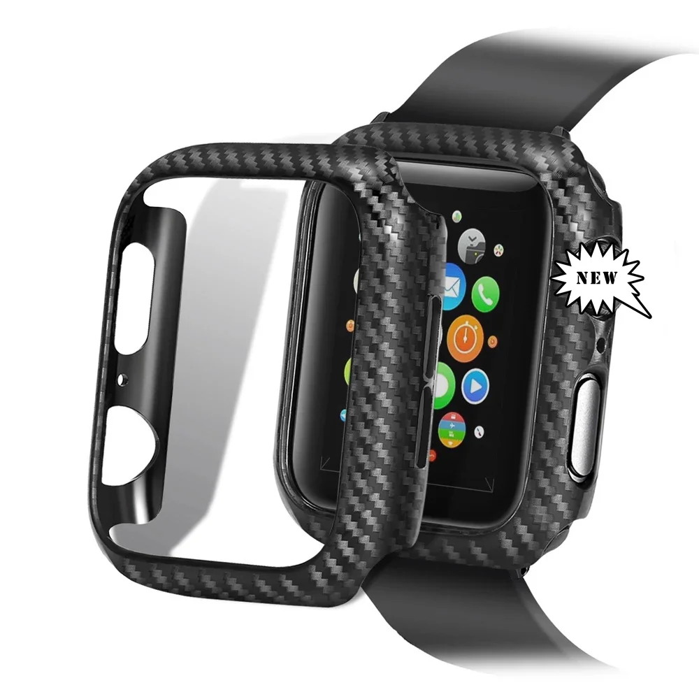 

Carbon Fiber Glass + Case For Apple Watch Series 5 6 SE 3 42mm 38mm 40mm 44mm T500 W26+ Screen Protector for iWatch Cover