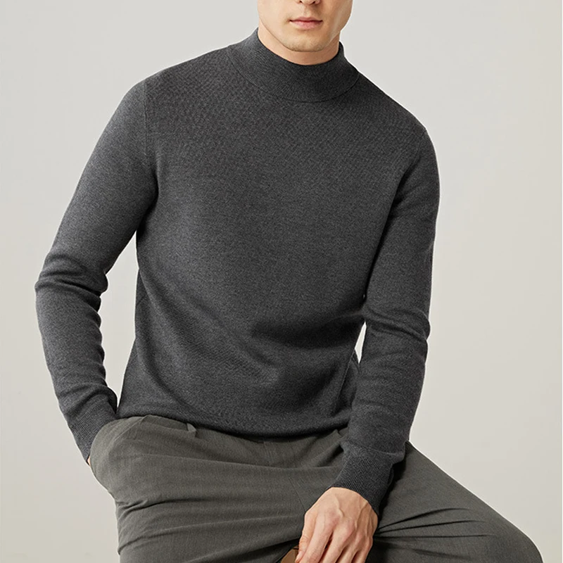 

Wholesale Custom 28 Colors OEM Knitted Cotton Blend Half High Double Ribbed Collar Design Pullover Machine Washable Sweater