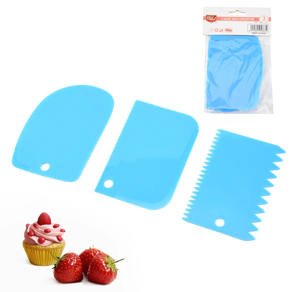 

High quality 3 piece set blue plastic dough scraper and cream smooth cake spatula