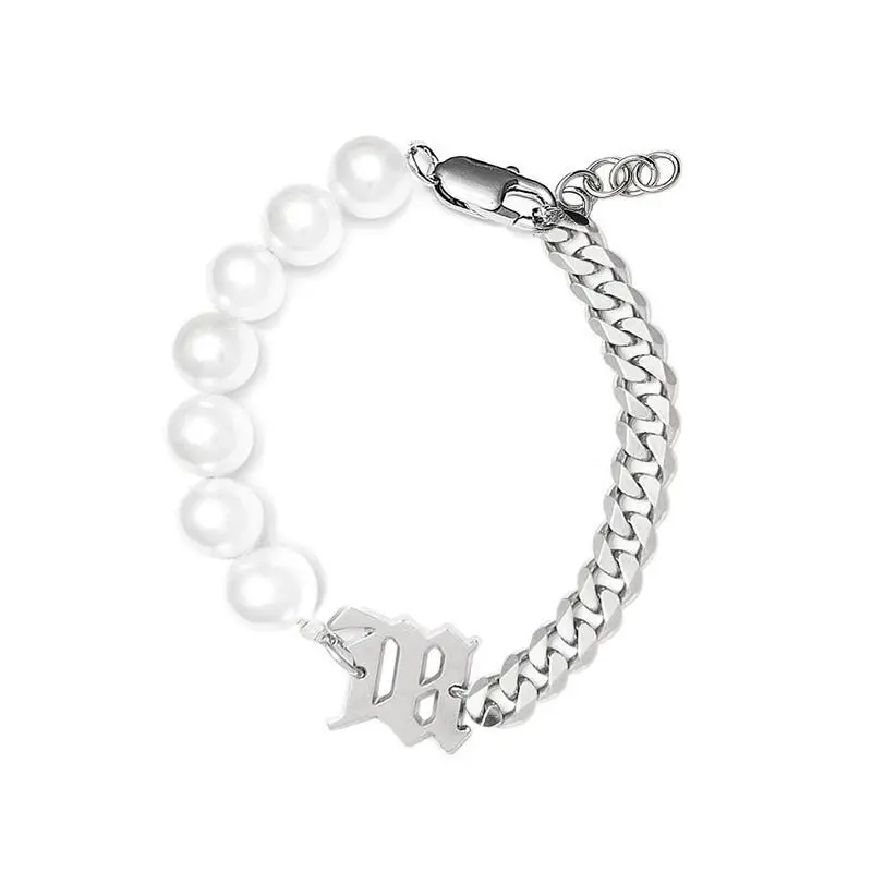 

Retro Stainless Steel Metal Chain Stitching Letter Pearl Bracelet Hip Hop Personality Trendy Bracelet Jewelry, Steel/rose gold /gold
