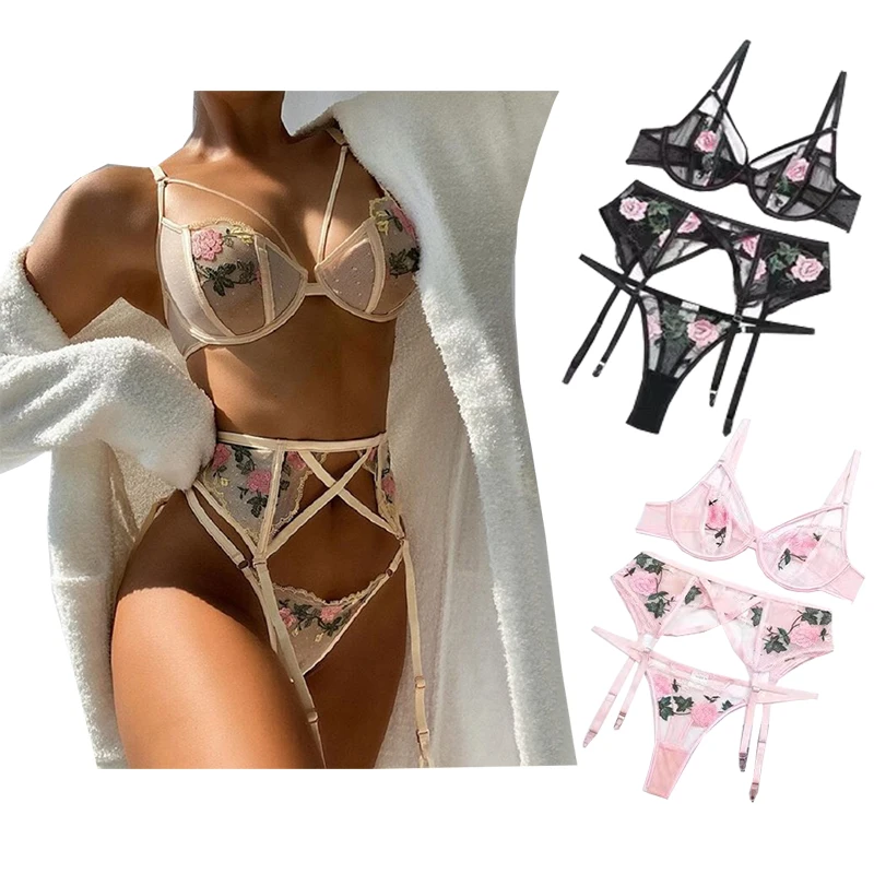 

3 Color Quality mesh lace floral lingerie garter 3pcs set