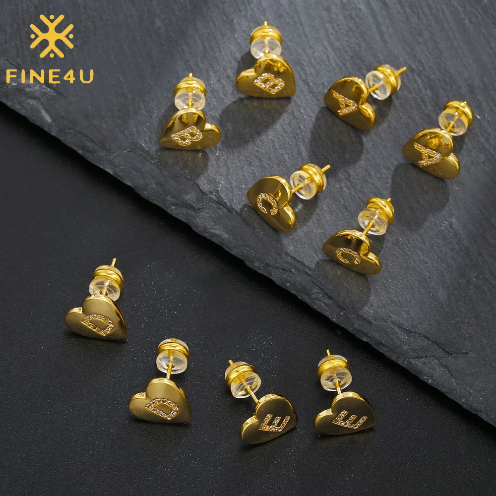 

Women fashion accessories jewelry 14K gold plated heart shape alphabet cubic zirconia dainty stud 26 letters initial earrings