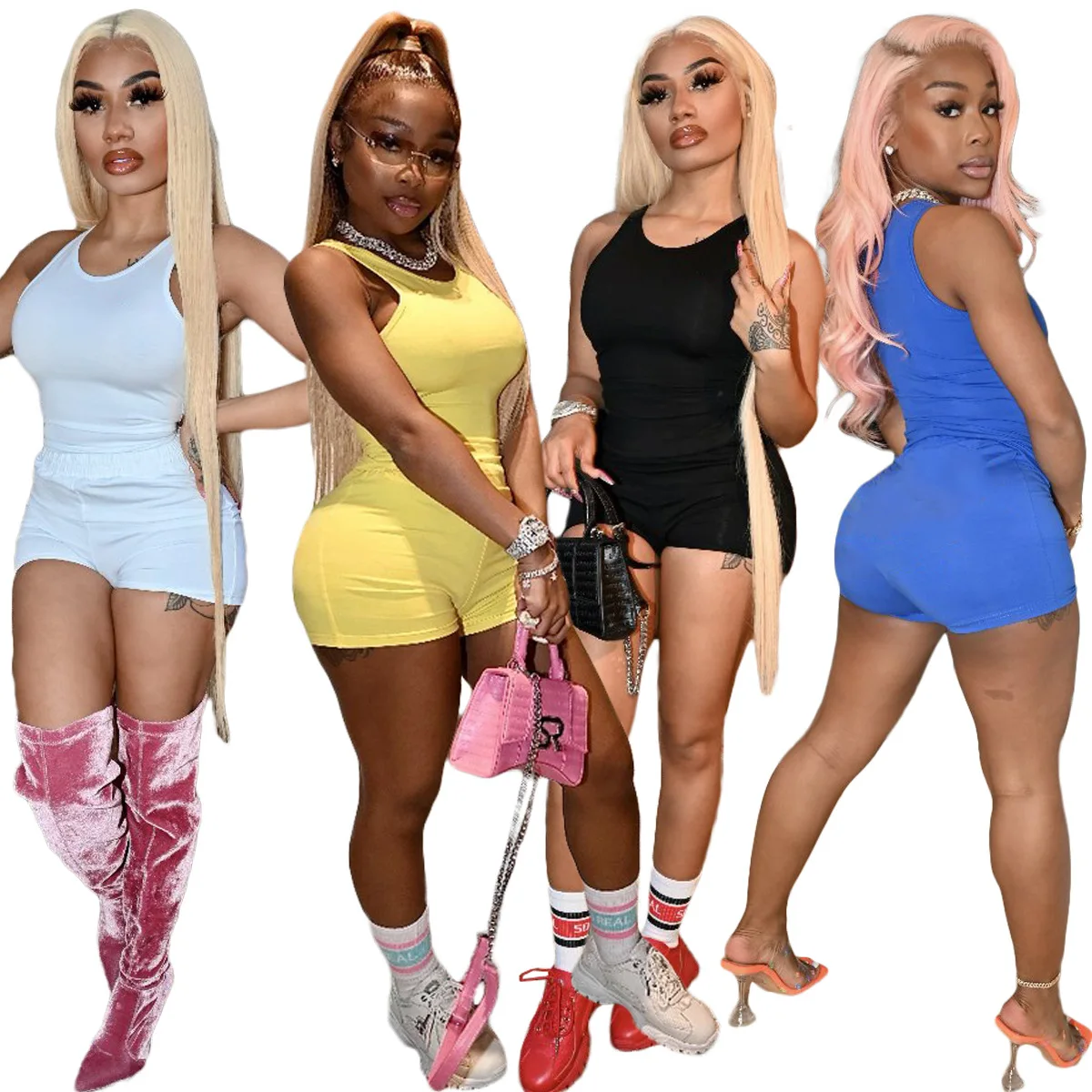 

X02727C sexy two pieces club dresses Acitve Tank Top And Shorts, Black