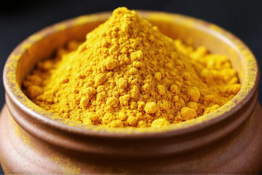 Close-up of asafoetida hing powder in a traditional Indian spice container showing its pale yellow color and fine texture